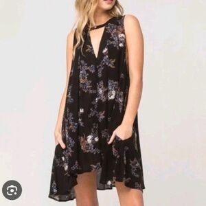 Free People Black Floral Boho Sleeveless Flowy Swing Mini Dress Size Small